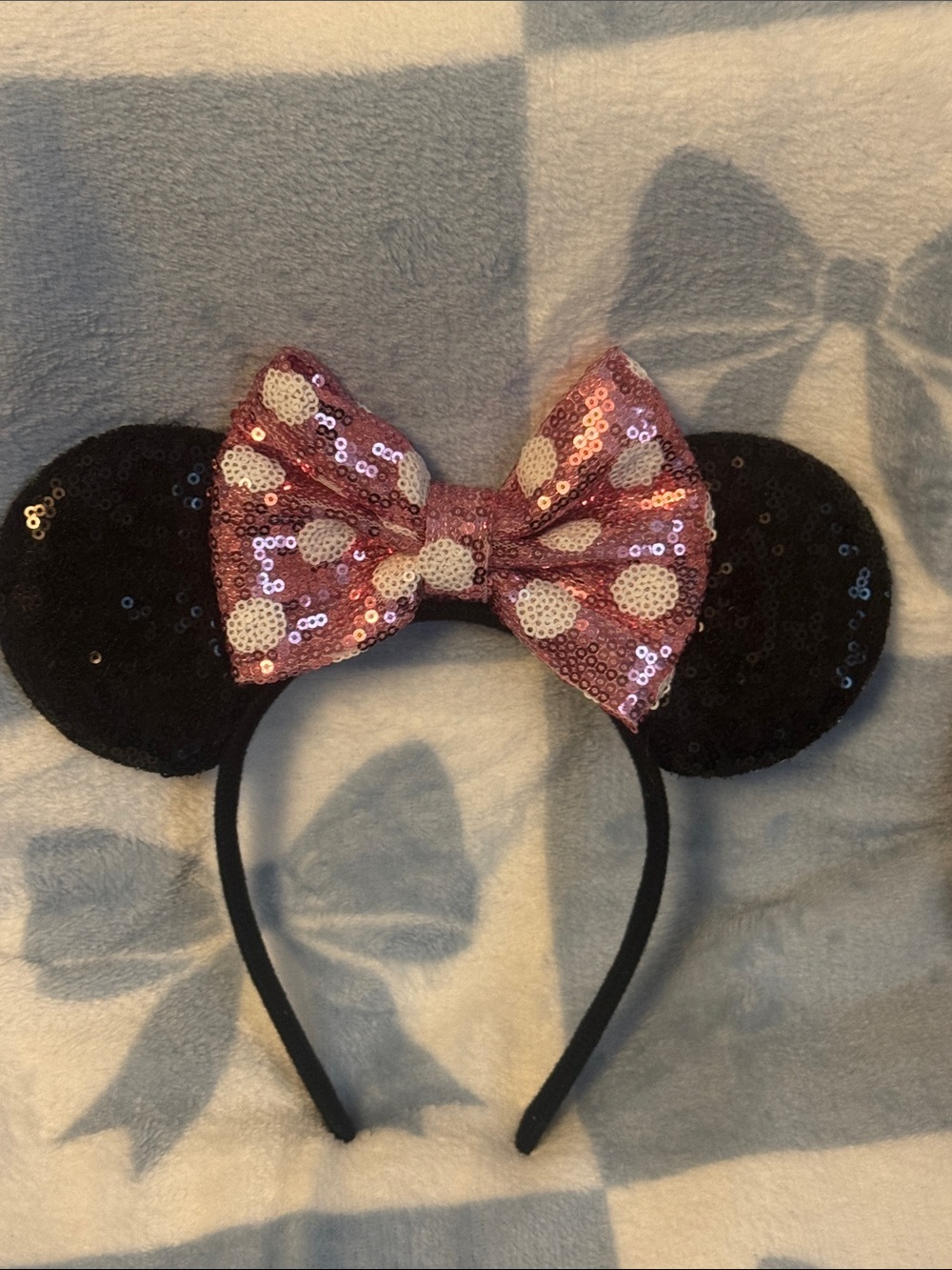 Sequin Mouse Ear Headband with Pink Polka Dot Bow